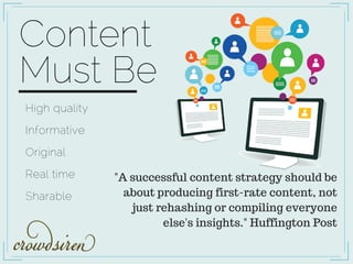 High quality
Informative
Original
Real time
Sharable
Content
Must Be
"A successful content strategy should be
about producing first-rate content, not
just rehashing or compiling everyone
else's insights." Huffington Post
 
