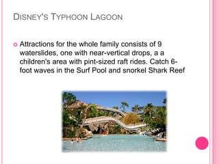Disney'sTyphoonLagoonAttractions for the whole family consists of 9 waterslides, one with near-vertical drops, a a children's area with pint-sized raft rides. Catch 6-foot waves in the Surf Pool and snorkel Shark Reef