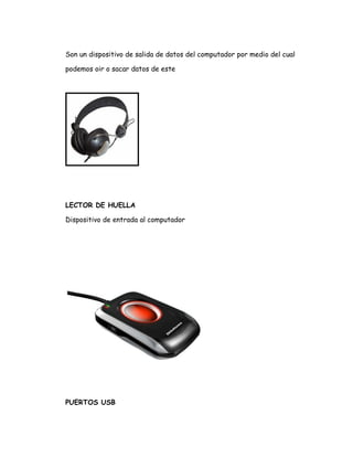 Son un dispositivo de salida de datos del computador por medio del cual

podemos oir o sacar datos de este




LECTOR DE HUELLA

Dispositivo de entrada al computador




PUERTOS USB
 