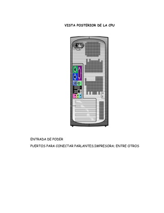 VISTA POSTERIOR DE LA CPU




ENTRADA DE PODER

PUERTOS PARA CONECTAR PARLANTES;IMPRESORA; ENTRE OTROS
 