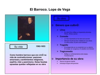 El Barroco. Lope de Vega 1562-1653 Como hombre barroco que era vivió na vida de contradicciones: pasiones amorosas y sentimientos religiosos, espíritu vital y pesimismo. Estas facetas opuestas quedan reflejadas en su obra Género que cultivó: Lírica Su obra lírica refleja su trayectoria amorosa.  Rimas, Rimas sacras Comedia Lo mas importante en la obra es la acción Siempre triunfa el amor vitalista en sus obras.  La dama boba, El perro del hortelano Tragedia El protagonista se ve arrastrado por su destino.  El castigo sin venganza, El caballero de Olmedo Tragicomedia Refleja un enfrentamiento entre dases.   Fuenteovejuna Importancia de su obra: Renovó el genero teatral Introdujo la figura del gracioso Su vida Su obra 