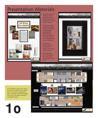 Presentation Materials
                                         The skyline panoramic
                                         at the top of each
                                         presentation board
                                         unites the boards and
                                         emphasizes the “Urban
                                         Palette” concept.

                                         Left: Concept board
                                         presents the concept
                                         statement, supporting
                                         concept images,
                                         and preliminary
                                         FF&E selections.
                                         Materials: Wall flats
                                         in a braille pattern,
                                         tower bookcases, and
                                         circular carpet tiles.

                                         Right: Section
                                         perspective hand-
                                         drawing offers
                                         another view into the
                                         proposed space.

                                         Below: Enlarged
                                         view of floor plans
                                         aka “maps” and
                                         corresponding “street
                                         views.”




At five different points on the “maps”
the viewer can zoom in to the “street
view” to see what is happening at
that very moment in the Urban Palette
dorm room in this highly conceptual
presentation board.




1o
 