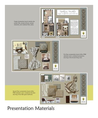Project introduction board contains the
    project title, concept phrase, concept
    statement, and rendered floor plans.




                                              First floor presentation board offers FF&E
                                              selections and a rendered perspective
                                              drawing of the formal living room.




  Second floor presentation board offers
  FF&E selections and a rendered elevation
  drawing of the ADA guest bathroom.




Presentation Materials
 