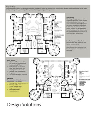 Design Challenge
Following thorough research of the appropriate means of egress for mixed use occupancy and functional and aesthetic considerations based on user need,
develop an imaginative, functionally efficient, and aesthetically pleasing spatial experience.




                                                                                                                Guest Rooms
                                                                                                                KLS Design Group proposes a mixture
                                                                                                                of different styles and layouts of suites
                                                                                                                and standard rooms. Many of the
                                                                                                                rooms are to have different furnishings
                                                                                                                and fabrics to therefore enhance the
                                                                                                                feel of a “boutique” hotel. Genuine
                                                                                                                antique furniture will be used not only
                                                                                                                for aesthetic appeal but also to reduce
                                                                                                                the environmental impact caused by the
                                                                                                                manufacturing of new products.




                                                                                                                Left: First floor plan includes feature
                                                                                                                stairway, lobby, staff areas, and first
                                                                                                                floor of two-story suites.

                                                                                                                Below: Second floor/Mezzanine level
                                                                                                                includes a spa and second floor of two-
                                                                                                                story suites.




  Room Layouts
  • All of the 1st floor rooms will be
     two stories with spiral staircases
     leading to the 2nd floor.
  • Eight (8) rooms will be “tower
     suites” and have seating and
     sleeping areas in the turrets.
  • All rooms to be equipped with
     fireplaces.
  • Two rooms will be ADA compliant.

  Mezzanine
  The mezzanine will be utilized as a
  luxurious spa. It will include:
  • Soothing water feature at check-in
  • Relaxing waiting area
  • Private massage rooms
  • Large central Jacuzzi
  • Exercise equipment
  • Accessible showers




  Design Solutions
 