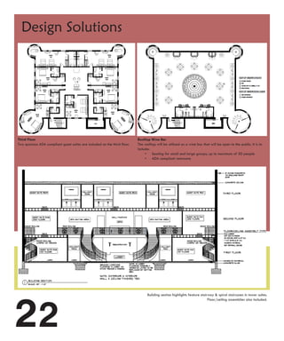 Design Solutions




Third Floor                                                                Rooftop Wine Bar
Two spacious ADA compliant guest suites are included on the third floor.   The rooftop will be utilized as a wine bar that will be open to the public. It is to
                                                                           include:
                                                                                • Seating for small and large groups, up to maximum of 50 people
                                                                                • ADA compliant restrooms




22
                                                                                 Building section highlights feature stairway & spiral staircases in tower suites.
                                                                                                                          Floor/ceiling assemblies also included.
 