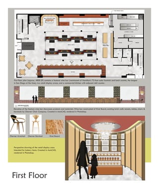 First floor plan (approx. 4800 SF) contains a feature wine bar (reminiscent of Hamilton’s 73-foot soda fountain and lunch counter, the longest
    in San Diego at the time), two retail display areas, and a commercial kitchen with adjacent deli counter.




    Elevation of the feature wine bar showcases products and materials: Wine bar constructed of Kirei Board, existing brick walls remain, tables, chairs &
    barstools by Cherner Chair Company. Created in AutoCAD, rendered in Photoshop.




Cherner Armchair    Cherner Barstool         Kirei Board




    Perspective drawing of the retail display area
    intended for bakery items. Created in AutoCAD,
    rendered in Photoshop.




  First Floor
 