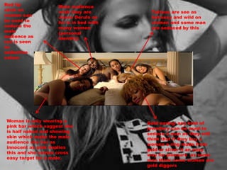 Male audience 
wish they are 
Jason Derulo as 
he is in bed with 
many women 
(personal 
identity) 
Red lip 
stick on 
women can 
be used to 
seduce the 
male 
audience as 
red is seen 
as 
seductive 
colour 
Tattoos are see as 
hot/sexy and wild on 
women and some man 
are seduced by this 
Woman is only wearing a 
pink bar which suggest she 
is half naked and showing 
skin which make the male 
audience she her as 
innocent as pink implies 
this and she comes cross 
easy target for a male. 
Gold earing/ any kind of 
jewellery can be used to 
seduce a man as they will 
think that if they buy a 
women a ring made from 
gold or sliver it an easy 
way for pleasure as some 
man think some women are 
gold diggers 
 