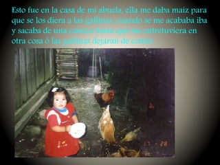 Esto fue en la casa de mi abuela, ella me daba maíz para
que se los diera a las gallinas, cuando se me acababa iba
y sacaba de una caneca hasta que me entretuviera en
otra cosa ó las gallinas dejaran de comer
 