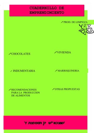 CUADERNILLO DE
                   EMPRENDIMIENTO

                                 PROD. DE LIMPIEZA
                                 PANIFICADOS




                             VIVIENDA
CHOCOLATES




    INDUMENTARIA            MARROQUINERIA




RECOMENDACIONES            OTRAS PROPUESTAS
 PARA LA PRODUCCION
 DE ALIMENTOS




     Productos Chocolates
                                   1
 