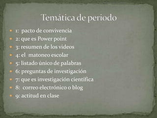  1: pacto de convivencia
2: que es Power point
3: resumen de los videos
4: el matoneo escolar
5: listado único de palabras
6: preguntas de investigación
7: que es investigación científica
8: correo electrónico o blog
9: actitud en clase