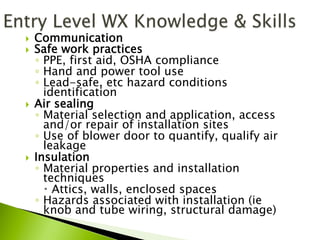 }  Communication
}  Safe work practices
◦  PPE, first aid, OSHA compliance
◦  Hand and power tool use
◦  Lead-safe, etc hazard conditions
identification
}  Air sealing
◦  Material selection and application, access
and/or repair of installation sites
◦  Use of blower door to quantify, qualify air
leakage
}  Insulation
◦  Material properties and installation
techniques
–  Attics, walls, enclosed spaces
◦  Hazards associated with installation (ie
knob and tube wiring, structural damage)
 