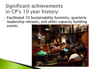 }  Facilitated 10 Sustainability Summits, quarterly
leadership retreats, and other capacity building
events
 