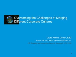 Overcoming the Challenges of Merging
Different Corporate Cultures
1
Laura Kellers Queen, EdD
Former VP and CHRO, G&W Laboratories, Inc.
HR Strategy and Innovation Summit, January 21-23, 2016
 