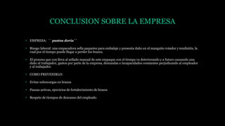 CONCLUSION SOBRE LA EMPRESA
• EMPRESA: `` pastas doria``
• Riesgo laboral: una empacadora sella paquetes para embalaje y presenta daño en el manguito rotador y tendinitis, la
cual por el tiempo puede llegar a perder los brazos.
• El proceso que con lleva al sellado manual de este empaque con el tiempo va deteriorando y a futuro causando una
daño al trabajador, gastos por parte de la empresa, demandas e incapacidades constantes perjudicando al empleador
y al trabajador.
• COMO PREVENIRLO:
• Evitar sobrecargas en brazos
• Pausas activas, ejercicios de fortalecimiento de brazos
• Respeto de tiempos de descanso del empleado
 