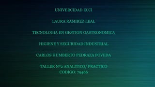 UNIVERCIDAD ECCI
LAURA RAMIREZ LEAL
TECNOLOGIA EN GESTION GASTRONOMICA
HIGIENE Y SEGURIDAD INDUSTRIAL
CARLOS HUMBERTO PEDRAZA POVEDA
TALLER Nº2 ANALITICO/ PRACTICO
CODIGO: 79466
 