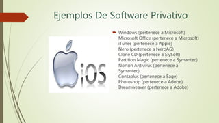 Ejemplos De Software Privativo
 Windows (pertenece a Microsoft)
Microsoft Office (pertenece a Microsoft)
iTunes (pertenece a Apple)
Nero (pertenece a NeroAG)
Clone CD (pertenece a SlySoft)
Partition Magic (pertenece a Symantec)
Norton Antivirus (pertenece a
Symantec)
Contaplus (pertenece a Sage)
Photoshop (pertenece a Adobe)
Dreamweaver (pertenece a Adobe)
 