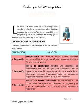 Trabajo final de Microsoft Word
Página 3 de 6
Laura Sepúlveda Yusti
aRobótica es una rama de la tecnología que
estudia el diseño y construcción de máquinas
capaces de desempeñar tareas repetitivas o
peligrosas para el ser humano. Ésta conjuga: la
mecánica, la electrónica y la informática.
CLASIFICACIÓN DE LOS ROBOTS
La que a continuación se presenta es la clasificación
más común
GENERACIÓN FUNCIÓN
1° Generación
Manipuladores. Son sistemas mecánicos multifuncionales
con un sencillo sistema de control, bien manual, de secuencia
fija o secuencia variable
2° Generación
Robot de aprendizaje. Repiten una secuencia de
movimientos que ha sido ejecutada previamente por un
operador humano. El modo de hacerlo es a través de un
dispositivo mecánico. El operador realiza los movimientos
requeridos mientras el robot le sigue y los memoriza
3° Generación
Robots con control sensorizado. El controlador es una
computadora que ejecuta las ordenes de un programa y las
envía al manipulador para que realice los movimientos
necesarios
L
 