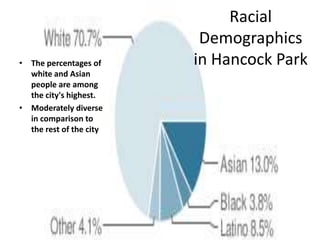 Racial Demographicsin Hancock ParkThe percentages of white and Asian people are among the city's highest. Moderately diverse in comparison to the rest of the city 