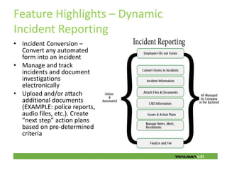 Feature Highlights – Dynamic
Incident Reporting
• Incident Conversion –
  Convert any automated
  form into an incident
• Manage and track
  incidents and document
  investigations
  electronically
• Upload and/or attach
  additional documents
  (EXAMPLE: police reports,
  audio files, etc.). Create
  “next step” action plans
  based on pre‐determined
  criteria
 