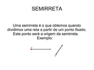 SEMIRRETA
Uma semirreta é o que obtemos quando
dividimos uma reta a partir de um ponto fixado.
Este ponto será a origem da semirreta.
Exemplo:
 