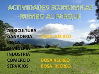ACTIVIDADES ECONOMICAS RUMBO AL PARQUE AGRICULTURA  GANADERIA        BOSA  RECREOPESCA MMINERIA INDUSTRIA COMERCIO          BOSA RECREOSERVICIOS           BOSA  RECREO
