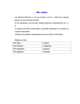 Bits y Bytes 
Los impulsos eléctricos (1 y 0) que circulan en la P.C., conforman el sistema binario con que funciona la misma. 
Un bit representa a uno de esos impulsos eléctricos, indistintamente ser 1 o 0. 
El conjunto de 8 Bits se llama Byte y cada Byte representa a un carácter en nuestra computadora. 
El Byte es la unidad de almacenamiento que se utiliza en informática. 
Múltiplos de Byte 
1024 bytes 
1 kilobyte 
1024 Kilobytes 
1 megabytes 
1024 Megabytes 
1 gigabyte 
1024 gigabytes 
1 terabytes 
 