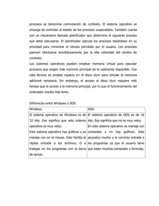 procesos se denomina conmutación de contexto. El sistema operativo se encarga de controlar el estado de los procesos suspendidos. También cuenta con un mecanismo llamado planificador que determina el siguiente proceso que debe ejecutarse. El planificador ejecuta los procesos basándose en su prioridad para minimizar el retraso percibido por el usuario. Los procesos parecen efectuarse simultáneamente por la alta velocidad del cambio de contexto. 
Los sistemas operativos pueden emplear memoria virtual para ejecutar procesos que exigen más memoria principal de la realmente disponible. Con esta técnica se emplea espacio en el disco duro para simular la memoria adicional necesaria. Sin embargo, el acceso al disco duro requiere más tiempo que el acceso a la memoria principal, por lo que el funcionamiento del ordenador resulta más lento. 
Diferencias entre Windows y DOS 
Windows 
DOS 
El sistema operativo de Windows es de 32 bits. Eso significa que este sistema operativo es muy veloz. 
Este sistema operativo hay gráficos y se maneja con en el mouse. Esto facilita la rápida entrada a los archivos. O a trabajar en los programas con la barra de tareas. 
El sistema operativo de DOS es de 16 bits. Eso significa que no es muy veloz. 
En este sistema operativo se maneja con comandos y no hay gráficos. Esto perjudica mucho a la correcta entrada a los programas ya que el usuario tiene que saber muchos comandos y formulas. 
 