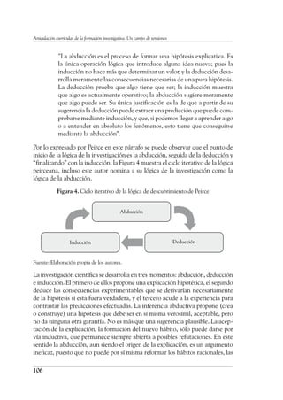 106
Articulación curricular de la formación investigativa. Un campo de tensiones
“La abducción es el proceso de formar una hipótesis explicativa. Es
la única operación lógica que introduce alguna idea nueva; pues la
inducción no hace más que determinar un valor, y la deducción desa-
rrolla meramente las consecuencias necesarias de una pura hipótesis.
La deducción prueba que algo tiene que ser; la inducción muestra
que algo es actualmente operativo; la abducción sugiere meramente
que algo puede ser. Su única justificación es la de que a partir de su
sugerencia la deducción puede extraer una predicción que puede com-
probarse mediante inducción, y que, si podemos llegar a aprender algo
o a entender en absoluto los fenómenos, esto tiene que conseguirse
mediante la abducción”.
Por lo expresado por Peirce en este párrafo se puede observar que el punto de
inicio de la lógica de la investigación es la abducción, seguida de la deducción y
“finalizando” con la inducción; la Figura 4 muestra el ciclo iterativo de la lógica
peirceana, incluso este autor nomina a su lógica de la investigación como la
lógica de la abducción.
Figura 4. Ciclo iterativo de la lógica de descubrimiento de Peirce
Fuente: Elaboración propia de los autores.
La investigación científica se desarrolla en tres momentos: abducción, deducción
e inducción. El primero de ellos propone una explicación hipotética, el segundo
deduce las consecuencias experimentables que se derivarían necesariamente
de la hipótesis si esta fuera verdadera, y el tercero acude a la experiencia para
contrastar las predicciones efectuadas. La inferencia abductiva propone (crea
o construye) una hipótesis que debe ser en sí misma verosímil, aceptable, pero
no da ninguna otra garantía. No es más que una sugerencia plausible. La acep-
tación de la explicación, la formación del nuevo hábito, sólo puede darse por
vía inductiva, que permanece siempre abierta a posibles refutaciones. En este
sentido la abducción, aun siendo el origen de la explicación, es un argumento
ineficaz, puesto que no puede por sí misma reformar los hábitos racionales, las
Inducción
Abducción
Deducción
 