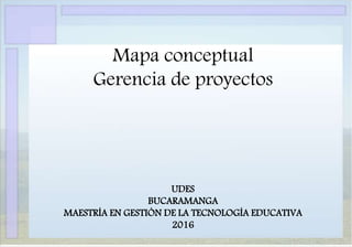 Mapa conceptual
Gerencia de proyectos
UDES
BUCARAMANGA
MAESTRÍA EN GESTIÓN DE LA TECNOLOGÍA EDUCATIVA
2016
 