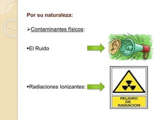 Por su naturaleza:
Contaminantes físicos:
El Ruido
Radiaciones Ionizantes:
 