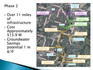 Phase 2
 Over 11 miles
of
infrastructure
 Cost
Approximately
$13.9 M
 Groundwater
Savings
potential 1 m
g/d
 