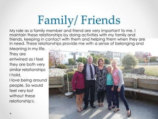 Family/ Friends
My role as a family member and friend are very important to me, I
maintain these relationships by doing activities with my family and
friends, keeping in contact with them and helping them when they are
in need. These relationships provide me with a sense of belonging and
Meaning in my life.
They are
entwined as I feel
they are both very
similar relationships
I hold.
I love being around
people, So would
feel very lost
without these
relationship's.
 