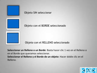 Objeto SIN seleccionar



               Objeto con el BORDE seleccionado




                Objeto con el RELLENO seleccionado

Seleccionar un Relleno o un Borde: Basta hacer clic 1 vez en el Relleno o
en el Borde que queramos seleccionar.
Seleccionar el Relleno y el Borde de un objeto: Hacer doble clic en el
Relleno.
 