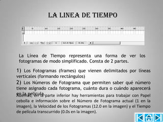 LA LINEA DE TIEMPO




 La Línea de Tiempo representa una forma de ver los
 fotogramas de modo simplificado. Consta de 2 partes.

1) Los Fotogramas (frames) que vienen delimitados por líneas
verticales (formando rectángulos)
2) Los Números de Fotograma que permiten saber qué número
tiene asignado cada fotograma, cuánto dura o cuándo aparecerá
en la película.parte inferior hay herramientas para trabajar con Papel
Además, en la
cebolla e información sobre el Número de Fotograma actual (1 en la
imagen), la Velocidad de los Fotogramas (12.0 en la imagen) y el Tiempo
de película transcurrido (0.0s en la imagen).
 