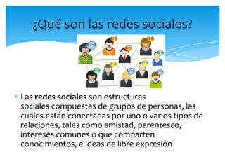 ¿Qué son las redes sociales?




Las redes sociales son estructuras
sociales compuestas de grupos de personas, las
cuales están conectadas por uno o varios tipos de
relaciones, tales como amistad, parentesco,
intereses comunes o que comparten
conocimientos, e ideas de libre expresión
 