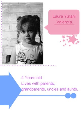 u
Laura Yurani
Valencia
4 Years old
Lives with parents,
grandparents, uncles and aunts.
 