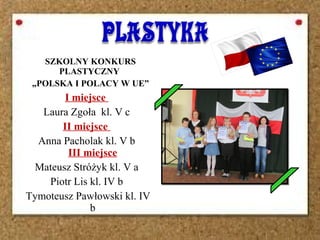 SZKOLNY KONKURS
PLASTYCZNY
„POLSKA I POLACY W UE”
I miejsce
Laura Zgoła kl. V c
II miejsce
Anna Pacholak kl. V b
III miejsce
Mateusz Stróżyk kl. V a
Piotr Lis kl. IV b
Tymoteusz Pawłowski kl. IV
b
 