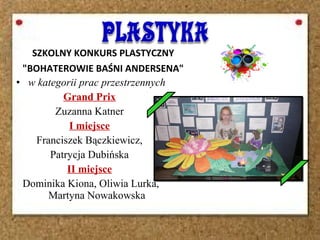 SZKOLNY KONKURS PLASTYCZNY
"BOHATEROWIE BAŚNI ANDERSENA"
• w kategorii prac przestrzennych
Grand Prix
Zuzanna Katner
I miejsce
Franciszek Bączkiewicz,
Patrycja Dubińska
II miejsce
Dominika Kiona, Oliwia Lurka,
Martyna Nowakowska
 