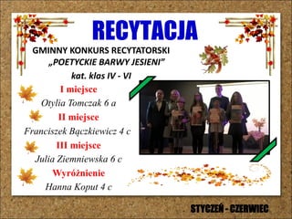 RECYTACJA
GMINNY KONKURS RECYTATORSKI
„POETYCKIE BARWY JESIENI”
kat. klas IV - VI
I miejsce
Otylia Tomczak 6 a
II miejsce
Franciszek Bączkiewicz 4 c
III miejsce
Julia Ziemniewska 6 c
Wyróżnienie
Hanna Koput 4 c
STYCZEŃ - CZERWIEC
 