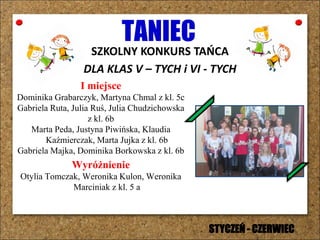 TANIEC
SZKOLNY KONKURS TAŃCA
DLA KLAS V – TYCH i VI - TYCH
I miejsce
Dominika Grabarczyk, Martyna Chmal z kl. 5c
Gabriela Ruta, Julia Ruś, Julia Chudzichowska
z kl. 6b
Marta Peda, Justyna Piwińska, Klaudia
Kaźmierczak, Marta Jujka z kl. 6b
Gabriela Majka, Dominika Borkowska z kl. 6b
Wyróżnienie
Otylia Tomczak, Weronika Kulon, Weronika
Marciniak z kl. 5 a
STYCZEŃ - CZERWIEC
 