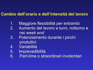 Cambio dell’orario e dell’intensità del lavoro 1.       Maggiore flessibilità per entrambi 2.       Aumento del lavoro a turni, notturno e  nei  week end 3.       Potenziamento durante i picchi  produttivi 4.       Variabilità 5.       Imprevedibilità  6. Part-time o straordinari involontari   