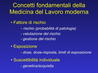 Concetti fondamentali della Medicina del Lavoro moderna Fattore di rischio -  rischio (probabilità di patologia) - valutazione del rischio - gestione del rischio Esposizione - dose, dose-risposta, limiti di esposizione Suscettibilità individuale - genetica/acquisita 