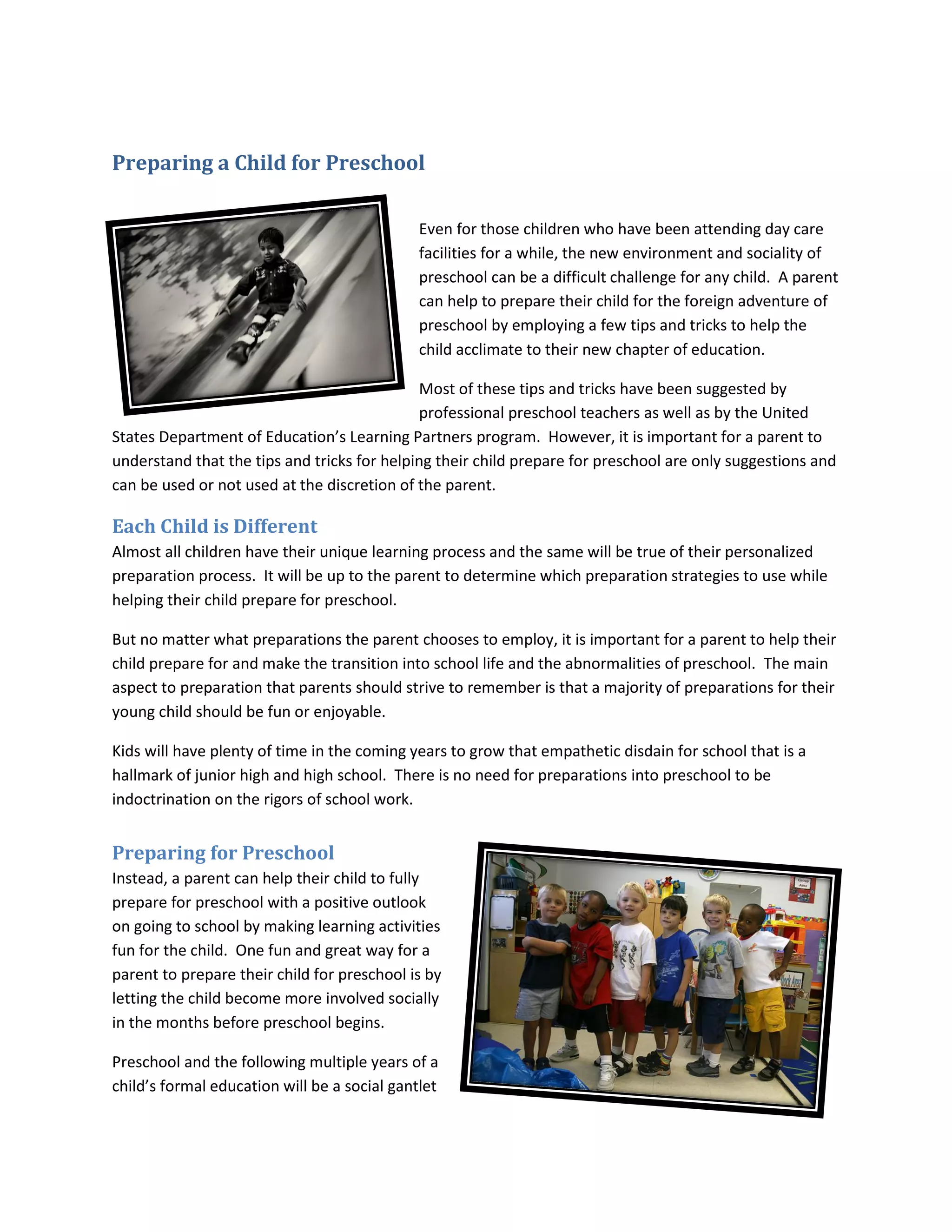 Preparing a Child for Preschool | PDF