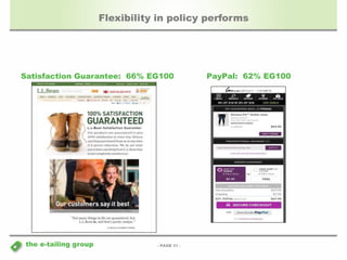 - PAGE 31 - 
the e-tailing group 
Flexibility in policy performs 
Satisfaction Guarantee: 66% EG100 PayPal: 62% EG100 
 