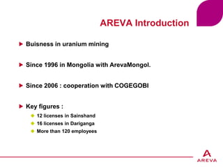 Environnement – Nicolas Glenat – 16/02/12 - p.1
AREVA Introduction
Buisness in uranium mining
Since 1996 in Mongolia with ArevaMongol.
Since 2006 : cooperation with COGEGOBI
Key figures :
 12 licenses in Sainshand
 16 licenses in Dariganga
 More than 120 employees
 