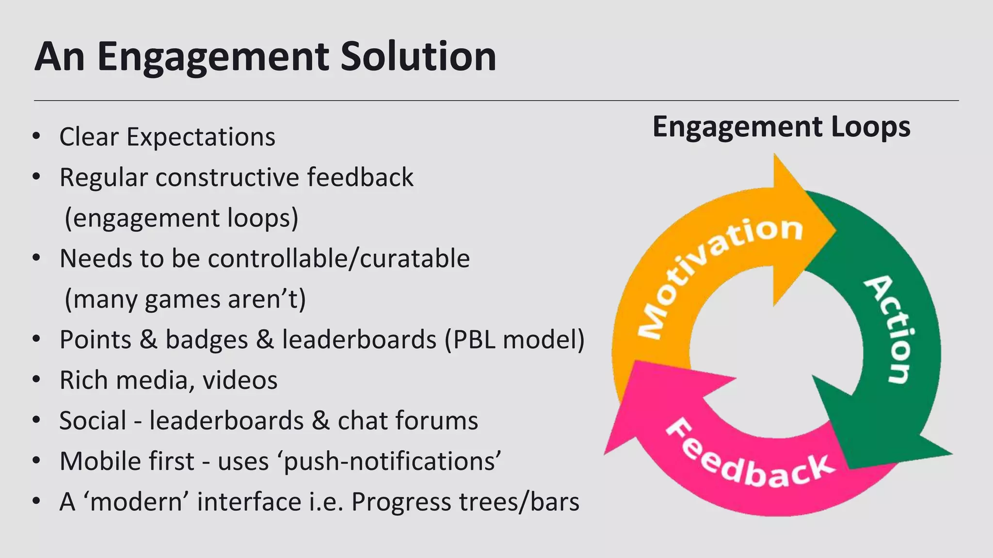 An Engagement Solution
22
• Clear Expectations
• Regular constructive feedback
(engagement loops)
• Needs to be controllable/curatable
(many games aren’t)
• Points & badges & leaderboards (PBL model)
• Rich media, videos
• Social - leaderboards & chat forums
• Mobile first - uses ‘push-notifications’
• A ‘modern’ interface i.e. Progress trees/bars
Engagement Loops
 
