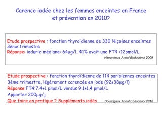 Carence iodée chez les femmes enceintes en France et prévention en 2010? Etude prospective  : fonction thyro ïdienne de  330 Niçoises enceintes 3ème trimestre Réponse:  iodurie médiane: 64  g/l, 41% avait une FT4 <12pmol/L Hieronimus Annal Endocrinol 2009 Etude prospective  : fonction thyro ïdienne de  114 parisiennes enceintes 3ème trimestre, légèrement carencée en iode (92±38  g/l) Réponse: FT4:7.4±1 pmol/L versus 9.1±1.4 pmol/L Apporter 200  g/j Que faire en pratique ? Suppléments iodés Bourcigaux Annal Endocrinol 2010 