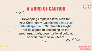A WORD OF CAUTION
Developing employee-level KPIs for
your Community team is not a one size
ﬁts all approach. Certain roles...
