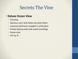 Secrets The Vine
• Deluxe Ocean View
• One king
• Spacious room with Italian porcelain floors
• Luxurious bathroom wrapped in white glass
• Private balcony with teak wood furnishings
• Ocean view
• 475 sq. ft.
 
