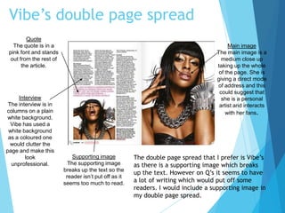 Vibe’s double page spread
Quote
The quote is in a
pink font and stands
out from the rest of
the article.
Main image
The main image is a
medium close up
taking up the whole
of the page. She is
giving a direct mode
of address and this
could suggest that
she is a personal
artist and interacts
with her fans.
Interview
The interview is in
columns on a plain
white background.
Vibe has used a
white background
as a coloured one
would clutter the
page and make this
look
unprofessional.
Supporting image
The supporting image
breaks up the text so the
reader isn’t put off as it
seems too much to read.
The double page spread that I prefer is Vibe’s
as there is a supporting image which breaks
up the text. However on Q’s it seems to have
a lot of writing which would put off some
readers. I would include a supporting image in
my double page spread.
 
